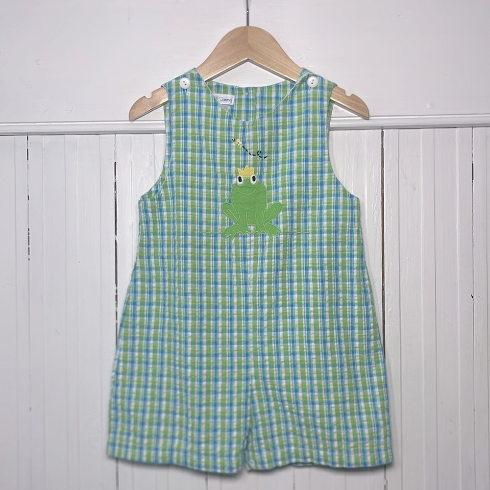 PETIT POMME VGUC Boys Frog Prince Seersucker Appliqué Romper Jon Jon